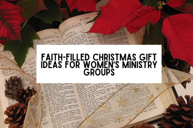 bible with christmas wreath decorations and text overlay that says "Faith-Filled Christmas Gifts for Women's Ministry Groups".