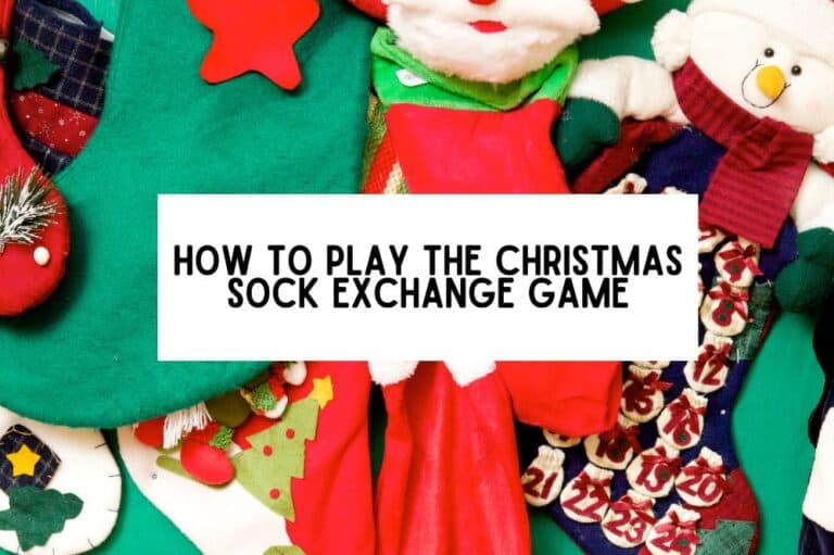white overlay that says "How to Play the Christmas Sock Exchange Game" with red and green christmas socks underneath