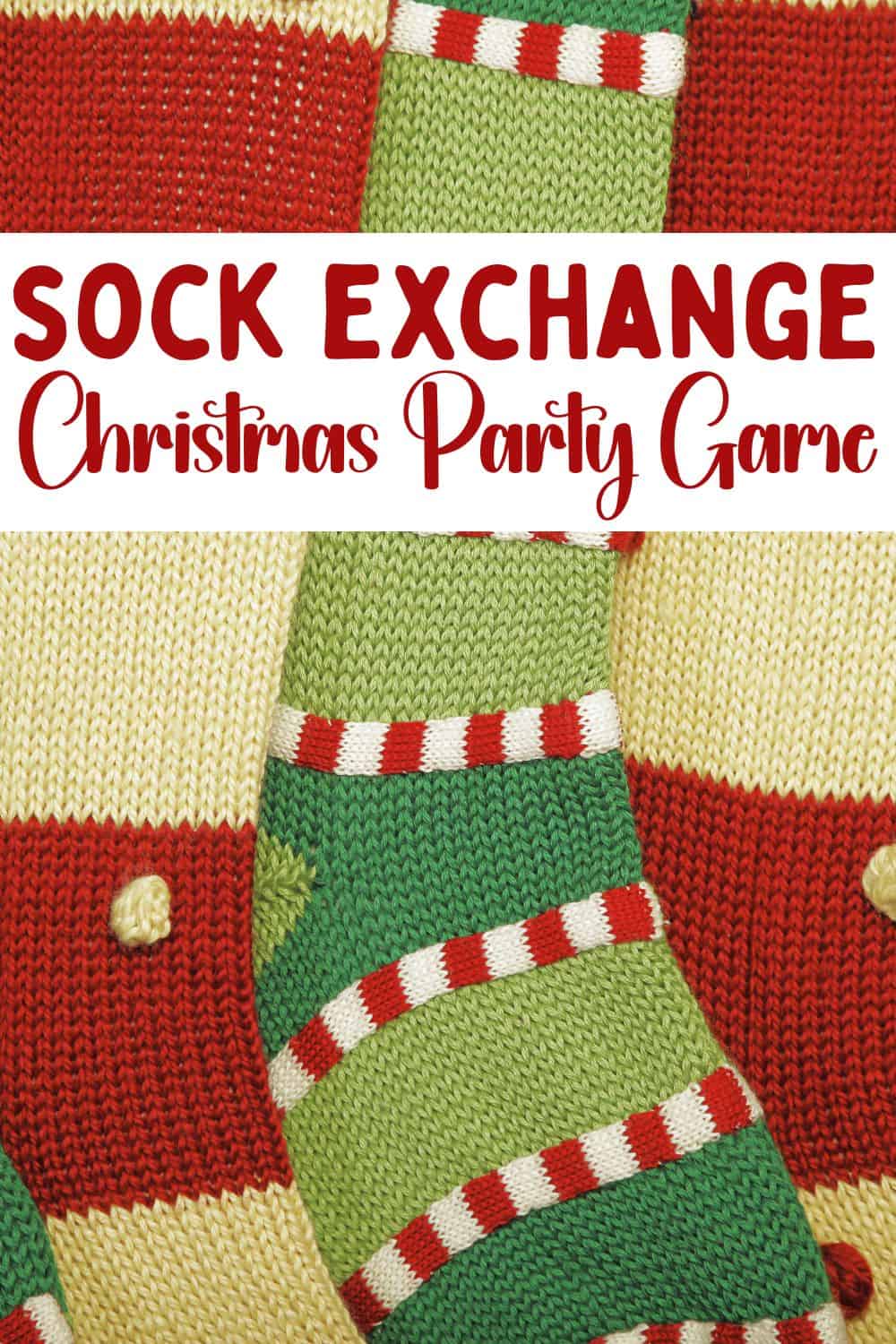 pinterest image that says "sock exchange Christmas party game" red and green socks underneath red text on white background