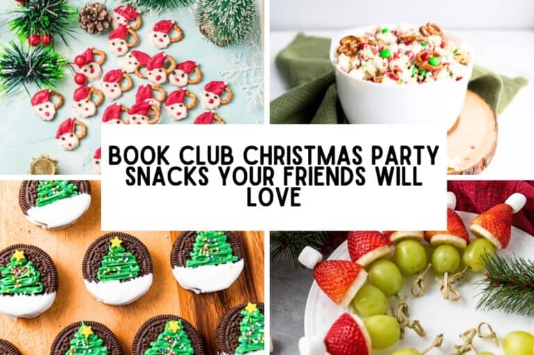 collage of four christmas appetizers that has black and white text that reads "Book Club Christmas Party Snacks Your Friends Will Love"