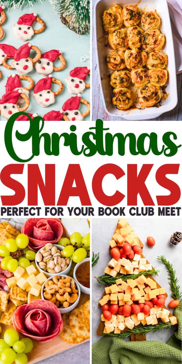 pinterest image that has colorful christmas appetizer snacks and reads "Christmas snacks perfect for your book club meet"