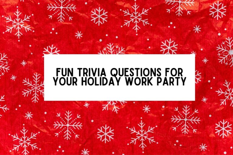 red snowflake christmas pattern with white and black text overlay that reads "Fun Trivia Questions For Your Holiday Work Party"