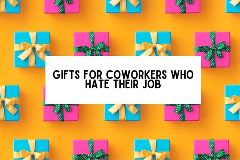 black text on a white border that reads "Gifts for Coworkers Who Hate Their Job" with an image of colorful gifts underneath