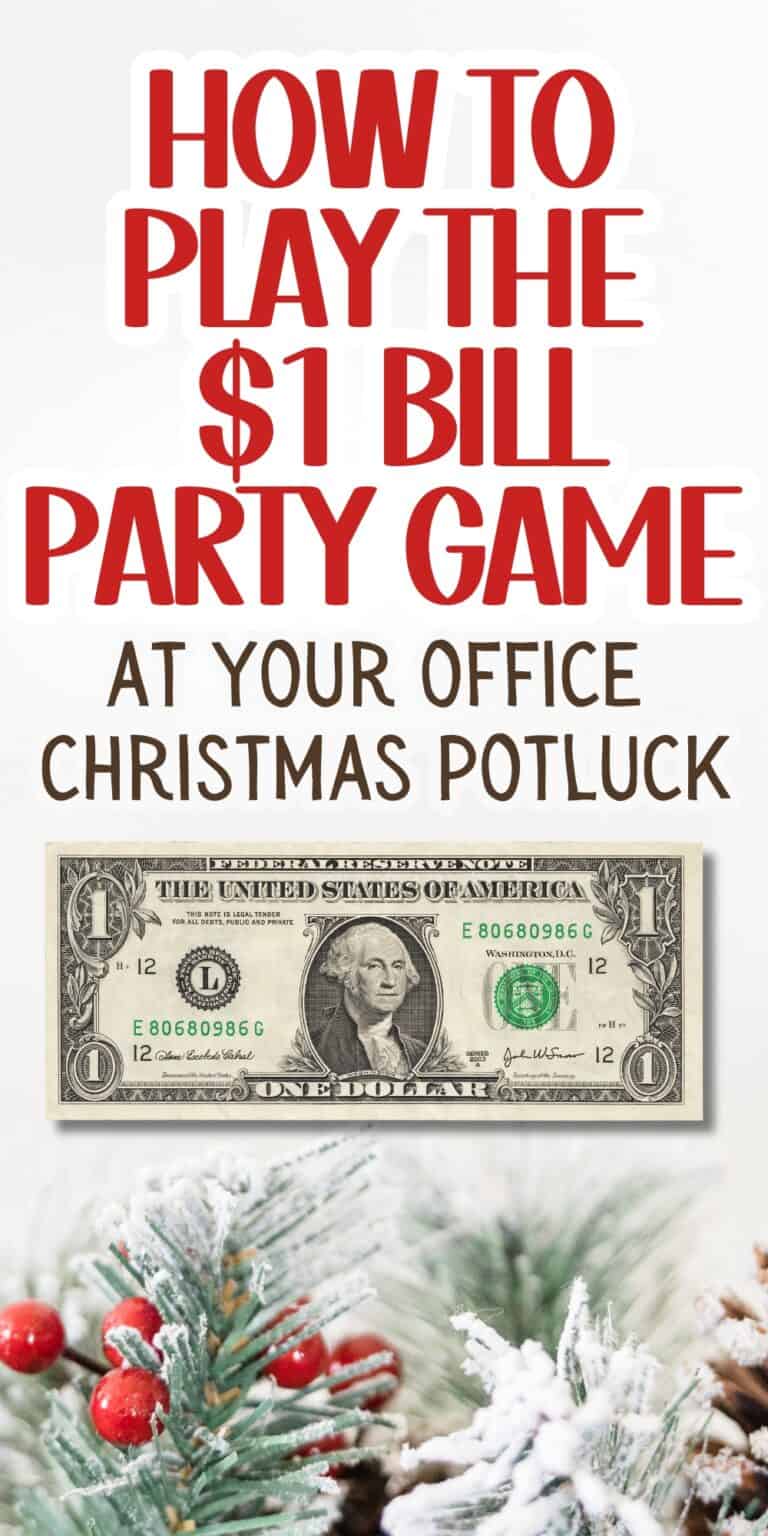 pinterest image that reads "How To Play The Dollar Bill Game At Your Ofice Christmas Potluck" with a dollar bill and text