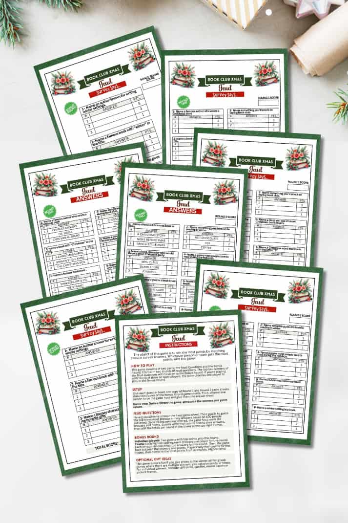 a flat lay of the book club trivia game printable pdf sheets laid out on a christmas themed surface