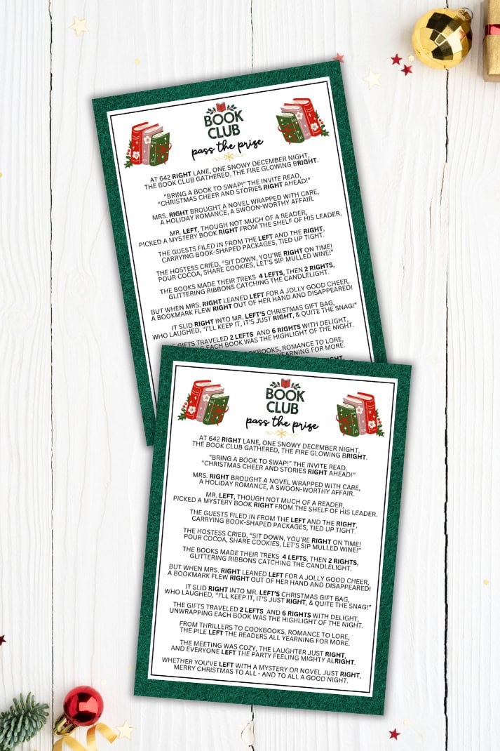 christmas book club pass the prize left right game laid flat on a christmas background