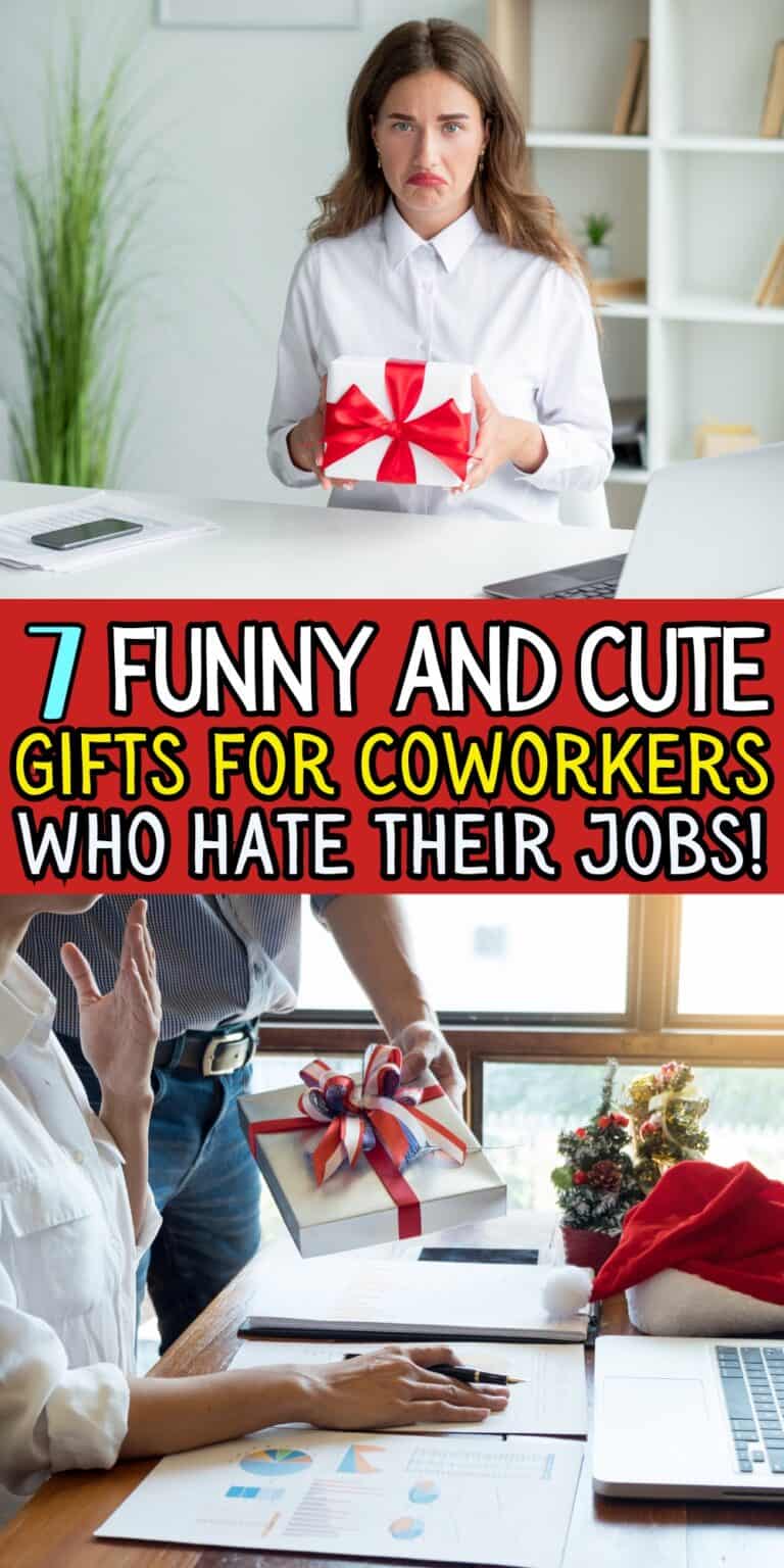pinterest pin image of a collage with text that reads "7 funny and cute gifts for coworkers who hate their job"