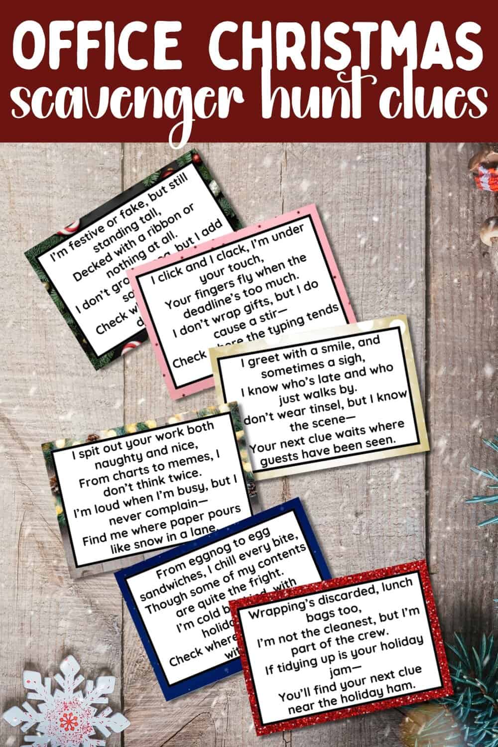 pinterest image. six trivia cards laid on a wooden background.
