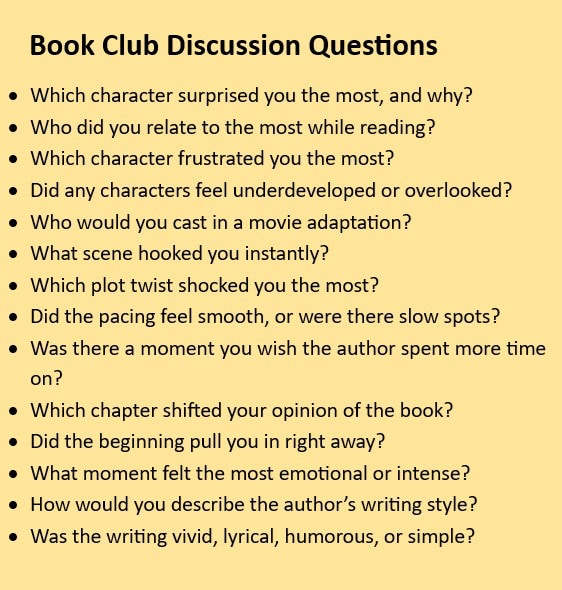 book club discussion questions on a yellow backgorund