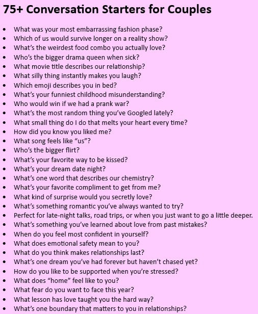 Screenshot of a list of conversation starter questions for couples on a pink paper